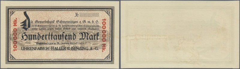 Schwenningen, Uhrenfabrik Halle & Benzing, 100 Tsd. Mark, 24.8.1923, Scheck auf ...