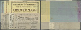 Schwenningen, Stadt, 50 Tsd., 100 Tsd. (2, Varianten der Wertzeile) Mark, 13.8.1923, 5, 10, 20 Mrd. Mark, 25.10.1923, 10 Mrd. Mark, 29.10.1923, Erh. I...