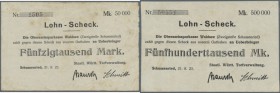 Schussenried, Staatl. Württ. Torfverwaltung, 50 Tsd., 500 Tsd. (beschnitten) Mark, 21.8.1923, Schecks auf Oberamtssparkasse Waldsee, Erh. III-, total ...