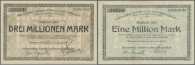 Tübingen-Waldhörnle, Süddeutsche Industrie-Aktiengesellschaft, 1, 3 Mio. Mark, 20.8. - 15.9.1923, Erh. III, I-, total 2 Scheine