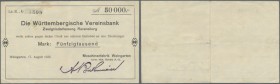 Weingarten, Maschinenfabrik Weingarten vorm. Hch. Schatz A.-G., 50 Tsd. Mark, 17.8.1923, vollständig gedruckter ”Check” auf Württ. Vereinsbank Ravensb...