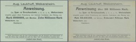 Weikersheim, Aug. Laukhoff, 10, 30, 100 Mio. Mark, o. D., Erh. I, II, total 3 Scheine