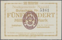 Nagold, Stadt, 100, 500 Tsd., 1, 5 Mio. Mark, 23.8.1923, 9 Scheine in KN-Varianten, 20 Mio. Mark, 19.9.1923, 50 Mio. Mark (2), 24.9.1923, 500 Mio. Mar...