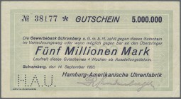 Schramberg, Hamburg-Amerikanische Uhrenfabrik, 50 Tsd. Mark (3), 16.8.1923, Datum violett bzw. rot gestempelt und gedruckt, 500 Tsd. Mark, 3.8.1923 (b...