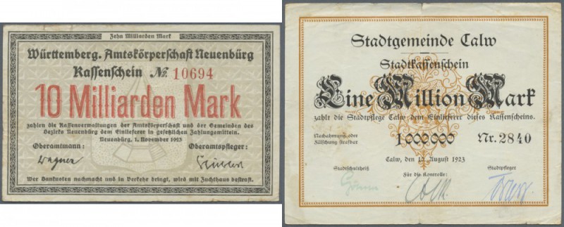 1923, 23 Scheine Hochinflation mit Neuenbürg 10 Mrd. Mark, Calw 1 Mio. Mark 10. ...