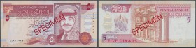 Jordan: 5 Dinars 1995 SPECIMEN, P.30as in UNC condition. Hard to find Specimen note from Jordan