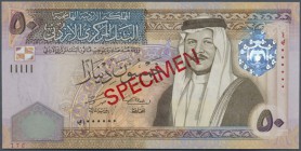 Jordan: 50 Dinars 2004 SPECIMEN, P.38bs in excellent UNC condition. Highly rare modern Specimen note from Jordan with portrait of King Abdullah II bin...