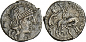 Sextus Pompeius (137 v.Chr.): Denar, 3,60 g. Romakopf // Faustulus findet Wölfin mit Zwillingen. Cr. 235.1. Alb.899. knapper Schrötling, Kratzer, sehr...