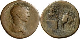 Traian (98 - 117): AE Sesterz, 22,89 g, 114-117. Büste r. // i.A. IMPERATOR VIII, SC. Traian auf Tribüne sitzend r., davor Soldaten. RIC 656. s/ss.