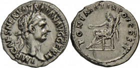 Traian (98 - 117): Denar, 3,15 g, 98/9 n. Kopf r. // Vesta sitzend l. gereinigt, sonst gutes sehr schön.