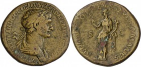 Traian (98 - 117): Sesterz, 27,33 g, 112-117. Büste r. // Felicitas stehend mit Caduceus und Cornucopiae. knapp sehr schön.