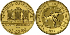 Australien: GOLD-Känguru 15 Dollar 2000 (1/10oz) st, dazu Österreich 10 € 2004 (1/10oz) st.