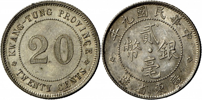 China: Republik, Provinz Kwang Tung, 20 Cent Jahr 9 (1920), KM Y 423, feine Pati...