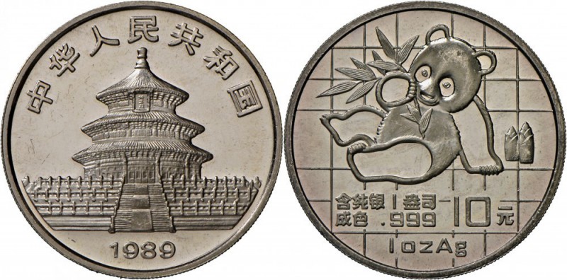 China - Volksrepublik: SILBERPANDA, 10 Yuan 1989, 1 oz, feine Kratzer sonst fast...