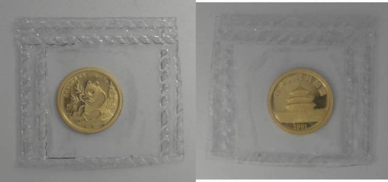 China - Volksrepublik: 5 Yuan 1991 Panda, 1/20 Unze Gold, in Originalfolie, KM Y...