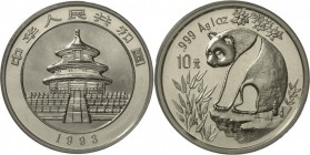 China - Volksrepublik: SILBERPANDA, 10 Yuan 1993, 1oz Silber, im Holzetui ohne Zertifikat, original verschweißt, nur kleine Teilauflage im Etui, st.