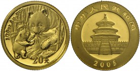China - Volksrepublik: GOLDPANDA 20 Yuan 2005 1/20oz in Originalfolie, dazu Österreich 10 € 2005 1/10oz in st, und Somalia 250 Shillings 2004 0.5g/999...
