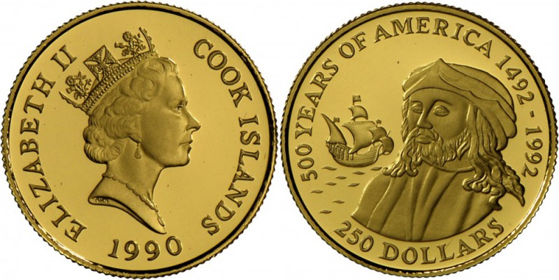 Cook Inseln: 250 $ 1990 Amerigo Vespucci. Fb 16. 1/4 Unze Feingold. PP