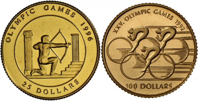 Cook Inseln: Lot 3 Münzen, 100 $ 1990, für Barcelona 1992 Radrennen (1/10 oz fei...