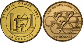 Cook Inseln: Lot 3 Münzen, 100 $ 1990, für Barcelona 1992 Radrennen (1/10 oz fein), 25 $ 1995, für Atlanta 1996 Bogenschütze (6,22 g fein), dazu Kuba ...
