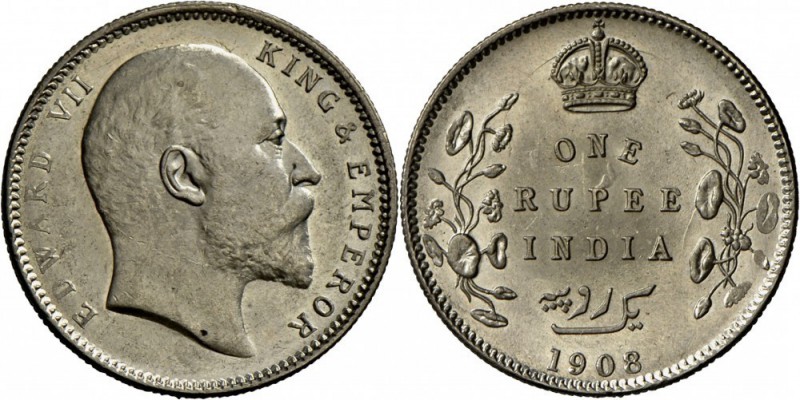 Indien: Britisch-Indien, Edward VII. (1901-1910), Rupie 1908 (C), KM 508, nur le...