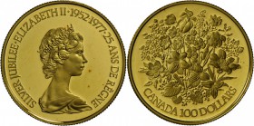 Kanada: 2 GOLDMÜNZEN: 25 Jahre Krönung 100 Dollar 1977 ½oz Gold im Etui PP-, dazu 100 Dollar Olympiade 1976 ¼oz Gold im Etui st-.