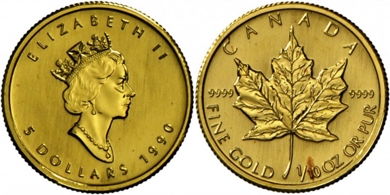 Kanada: 5 Dollar 1990 Maple Leaf, 1/10oz Feingold, Fleck, st.