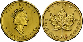 Kanada: 5 Dollar 1990 Maple Leaf, 1/10oz Feingold, Fleck, st.