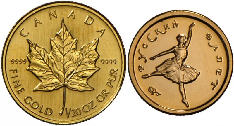 Kanada: Lot 2 Münzen: MAPLE LEAF 1/20 oz Feingold 1 Dollar 1996 in st, dazu Rußl...