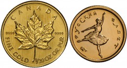 Kanada: Lot 2 Münzen: MAPLE LEAF 1/20 oz Feingold 1 Dollar 1996 in st, dazu Rußland Ballerina 1993 10 Rubel 1993 in st.