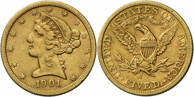 Vereinigte Staaten von Amerika: Coronet Head, 5 $ 1901 S, ss.