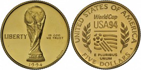 Vereinigte Staaten von Amerika: 5 Dollar 1994 Fußballweltmeisterschaft in USA. In Originaletui. Polierte Platte.