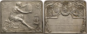 Belgien: Bronzeplakette 1913, versilbert, von Florisde Coyper / Frau hält Bienenkorb in die Sonne / drei königliche Wappen, darunter Schriftfeld. „LE ...