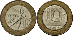 Frankreich: VERKEHRSFÄLSCHUNG: 10 Francs 1992 Spirit of Bastille, im Sollgewicht 6.50g, starke Stempeldrehung, schwacher Riffelrand, prägeschwach, vz....