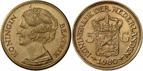 Niederlande: Beatrix, 5 Golden 1980, 3g Gold, st-.