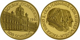 Österreich: 500 ÖS 1993 (8 g fein), Kaiser Rudolf II. mit den Erzherzögen Ferdinand II. und Leopold Wilhelm. in Originaletui mit Zertifikat.