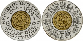 Österreich: 1000 ÖS1994, AU/AG-Bimetallmünze, 800 Jahre Münze Wien. in Originaletui mit Zertifikat.