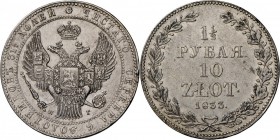Polen: Nikolaus I. von Russland, 1825-1855: 1 ½ Rubel 10 Zlotych 1833, St. Petersburg. 31,10g. Dav.284, Bitkin 1084, gereinigt, Randfehler, sehr schön...
