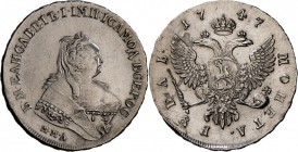 Russland: Elisabeth I., 1741-1761: Rubel 1747, Moskau. 25,71g. Dav.1678, Bitkin 119, gereinigt, sehr schön.