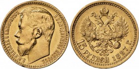 Russland: Nikolaus II., 1894-1917: 15 Rubel 1897, St. Petersburg. 12.89g. Frbg.177, Bitkin 1, GOLD, feine Kratzer, vorzüglich.