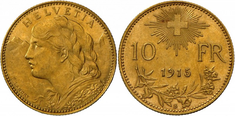 Schweiz: 10 Franken 1915, und 20 Franken 1947 (Vreneli), vz+.