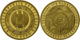 Deutschland: 100 Euro 2002 A, Währungsunion, Etui mit Zertifikat, Stempelglanz.