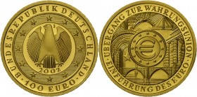 Deutschland: 2x 100 Euro 2002 A und J, Währungsunion, Etui mit Zertifikat, Stempelglanz.
