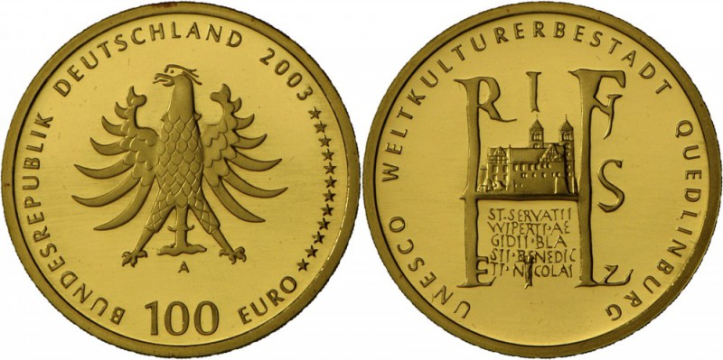 Deutschland: 5x 100 Euro 2003 Quedlinburg, A, 2x F, G und J, alle im Etui mit Ze...
