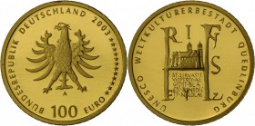 Deutschland: 5x 100 Euro 2003 Quedlinburg, A, 2x F, G und J, alle im Etui mit Zertifikat, Stempelglanz.