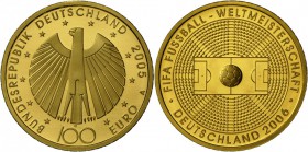 Deutschland: 100 Euro 2005 A, FB-WM 2006, Etui mit Zertifikat, Stempelglanz.