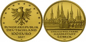 Deutschland: 100 Euro 2007 A, Lübeck, Etui mit Zertifikat, Stempelglanz.