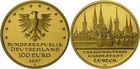 Deutschland: 4x 100 Euro 2007 Lübeck, 4x A, alle im Etui mit Zertifikat, Stempelglanz.