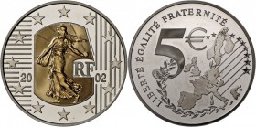 Frankreich: Abschied vom Francs: 5 € 2002, Silber mit Goldinlay, Auflage nur 8.408 Ex., Fingerabrücke, PP-.