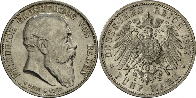 Baden: Friedrich I. (1856-1907), 5 Mark 1907 G, schönes st-.